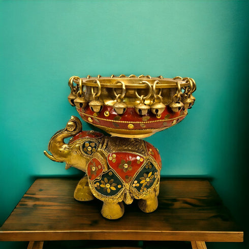 Tamas Brass Elephant Urli Stone Work  (Multicolor)